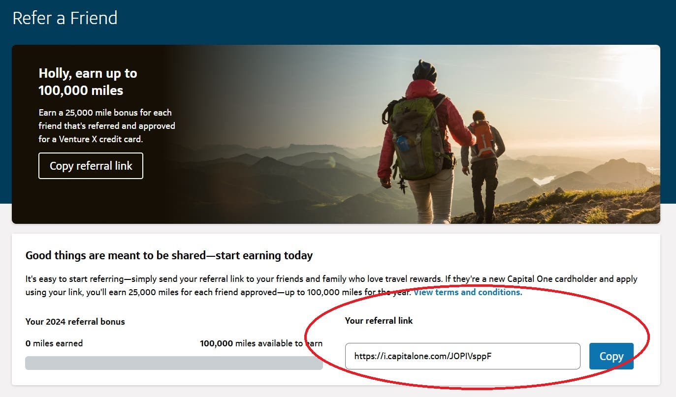 A screenshot of the Capital One referral program page, indicating the specific location of referral links for readers