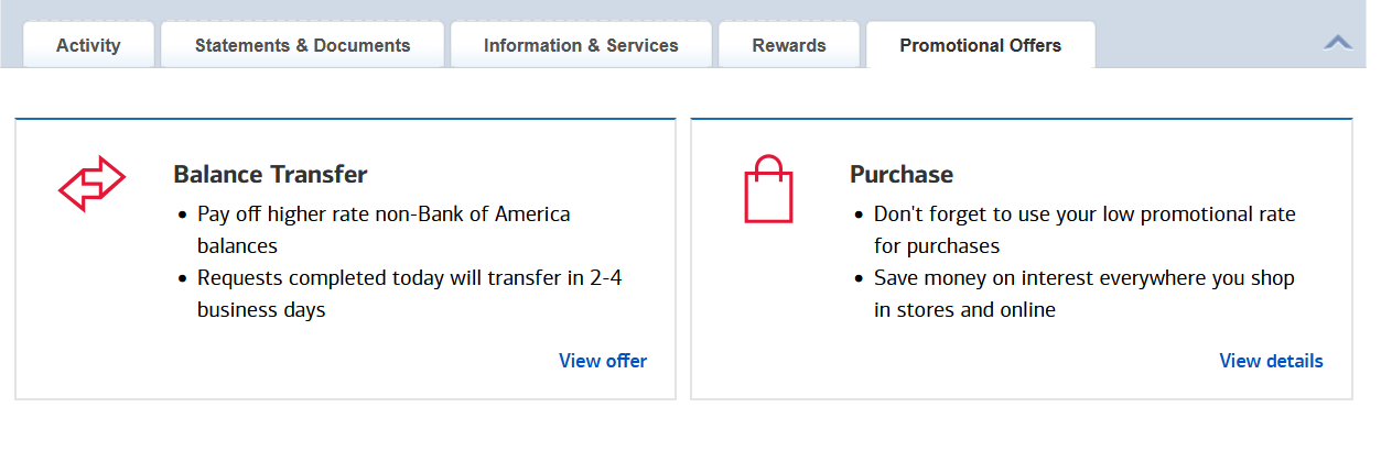 Click on your credit card account page and navigate to the “Promotional Offers” tab.